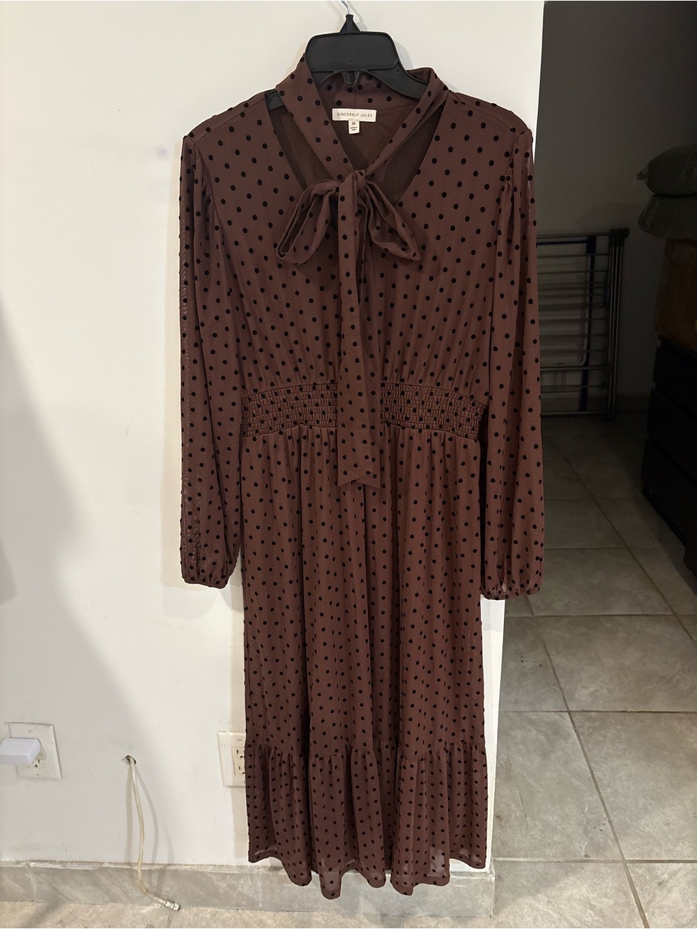 Sincerely Jules Brown Polka Dot Long-Sleeve Tie-Neck Midi Dress